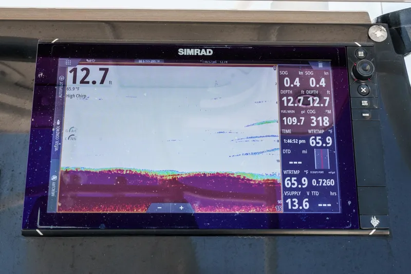 Go Time Yacht Photos Pics Simrad marine display on 2019 Fountain 38 CC showing depth and water temperature.