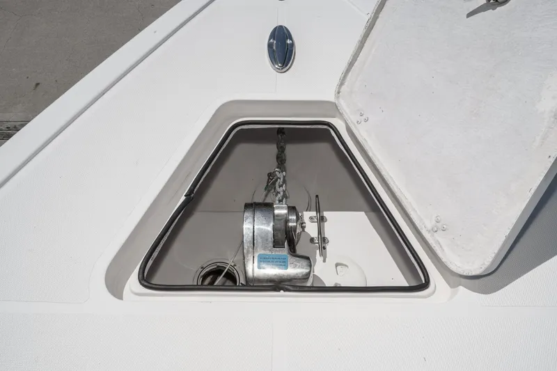 Go Time Yacht Photos Pics Anchor compartment of 2019 Fountain 38 CC boat with open hatch.