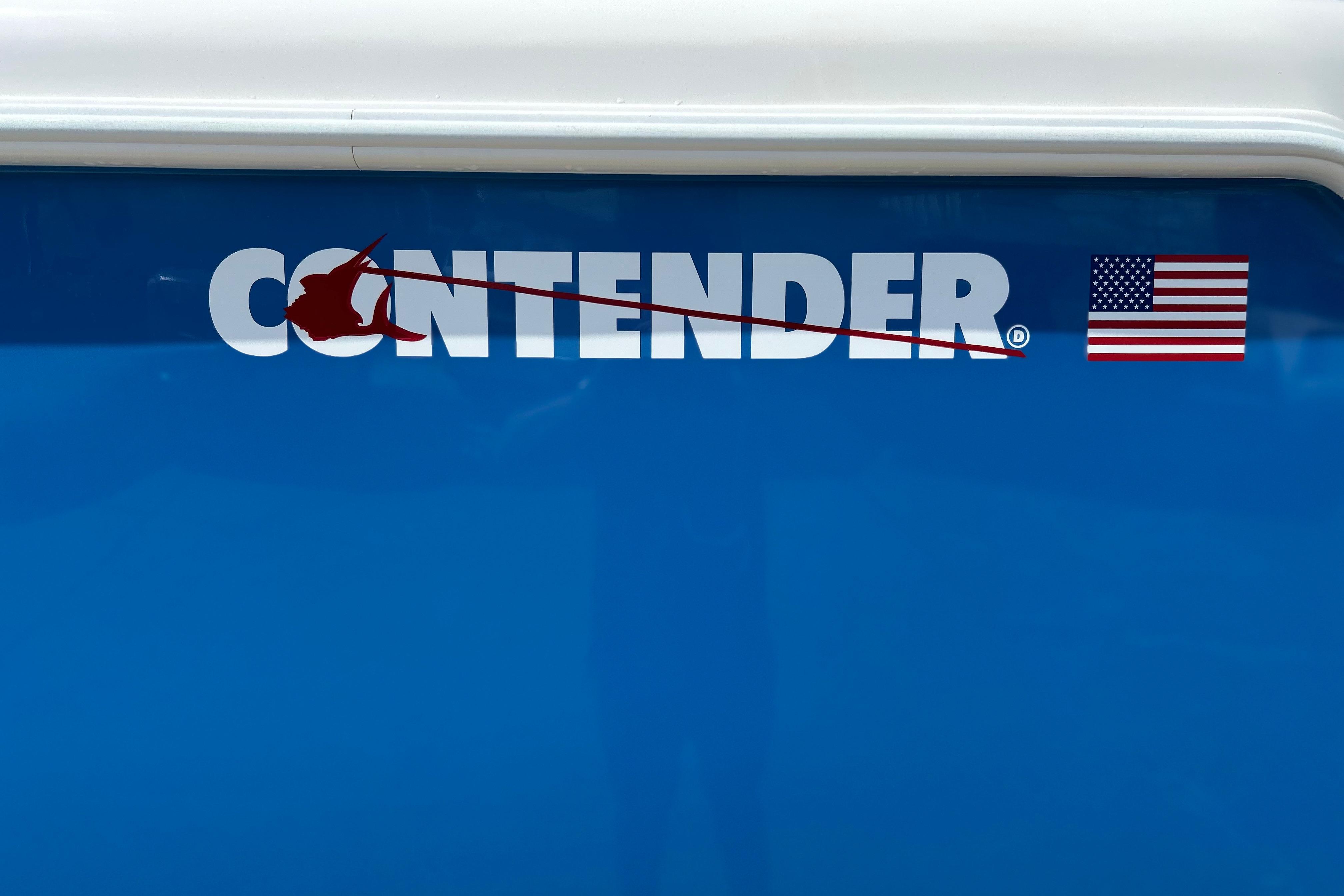2025 Contender 35 ST boat logo with American flag on blue background.
