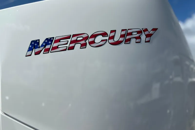  Yacht Photos Pics Mercury logo with American flag design on Contender 35 ST, 2025 model.