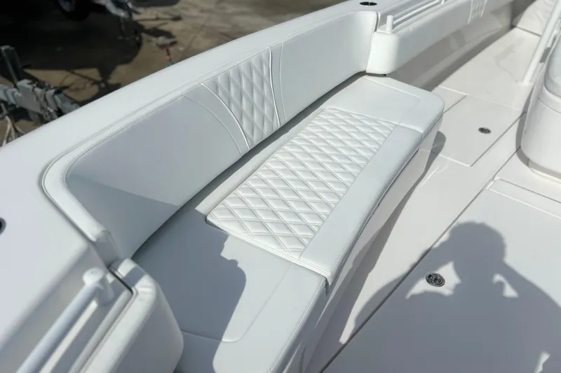  Yacht Photos Pics Luxury seating on 2025 Contender 35 ST boat with diamond-stitched upholstery.