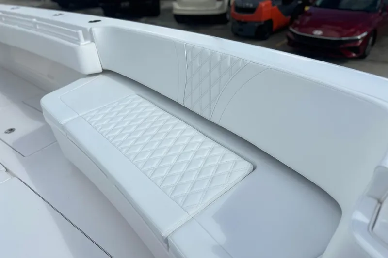  Yacht Photos Pics Luxurious white seating on 2025 Contender 35 ST boat with diamond stitching design.