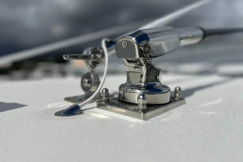  Yacht Photos Pics Close-up of a 2025 Contender 35 ST boat's polished metal hardware.