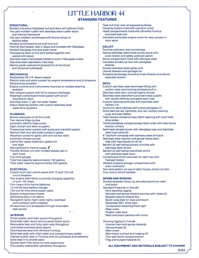 Alice Yacht Photos Pics Little Harbor 44, 1983 standard features list, detailing structural, mechanical, and interior specifications.