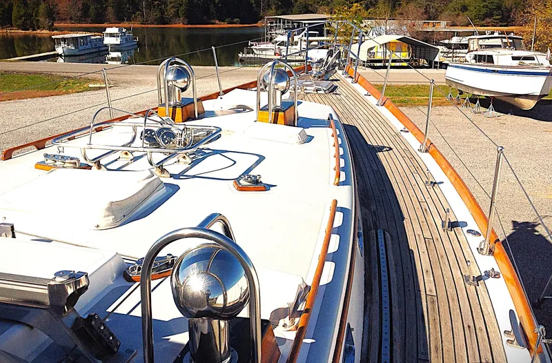 Alice Yacht Photos Pics 1983 Little Harbor 44 yacht on dry dock, showcasing deck and fittings.