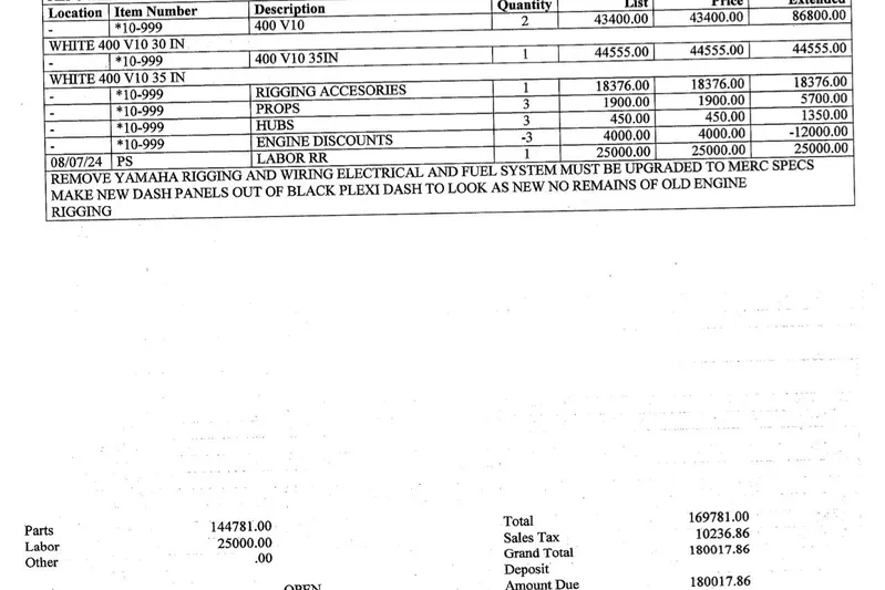  Yacht Photos Pics Invoice detailing parts and labor costs for 2015 Intrepid 400 Cuddy upgrades.