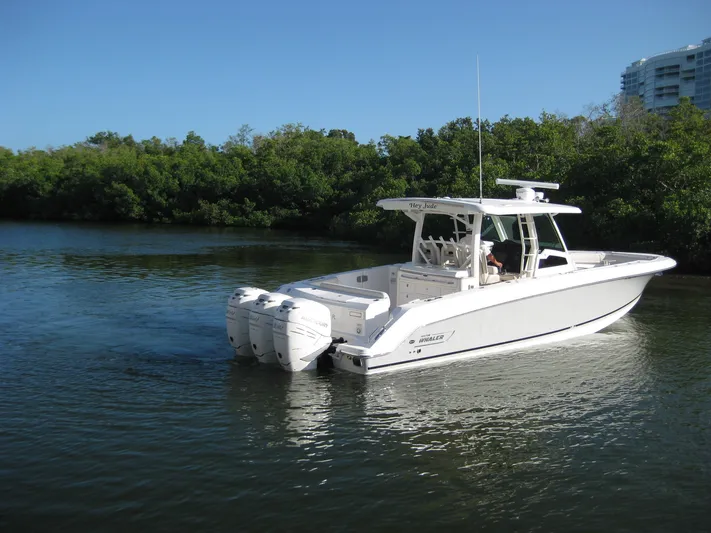  Yacht Photos Pics 2018 Boston Whaler 380 Outrage boat cruising on a calm river.