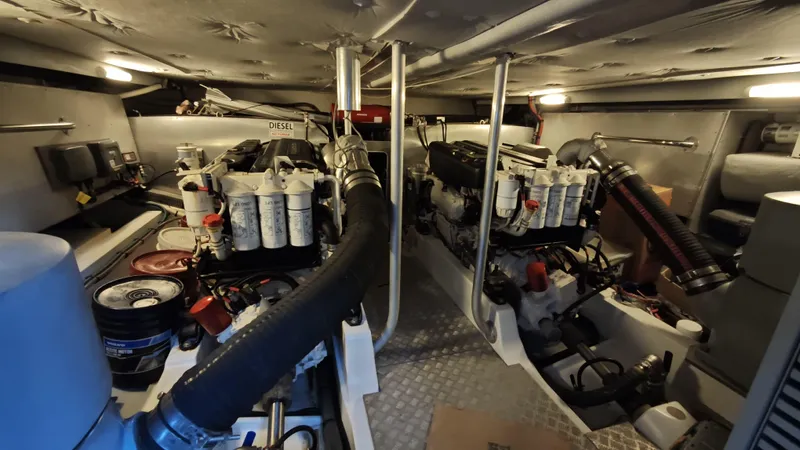 Beneteau Swift Trawler 52 Yacht Photos Pics Engine room of 2011 Beneteau Swift Trawler 52 with dual diesel engines.