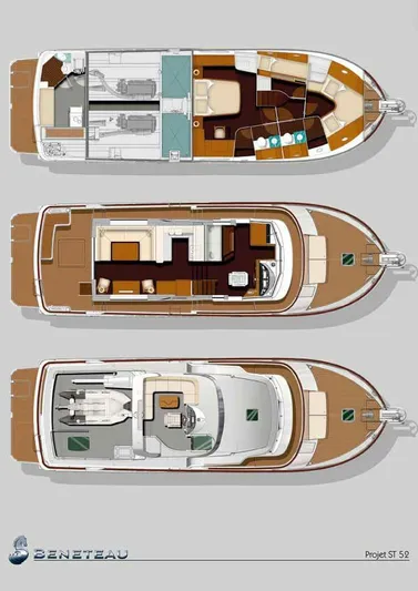 Beneteau Swift Trawler 52 Yacht Photos Pics Floor plan of a 2011 Beneteau Swift Trawler 52, showcasing three detailed levels.