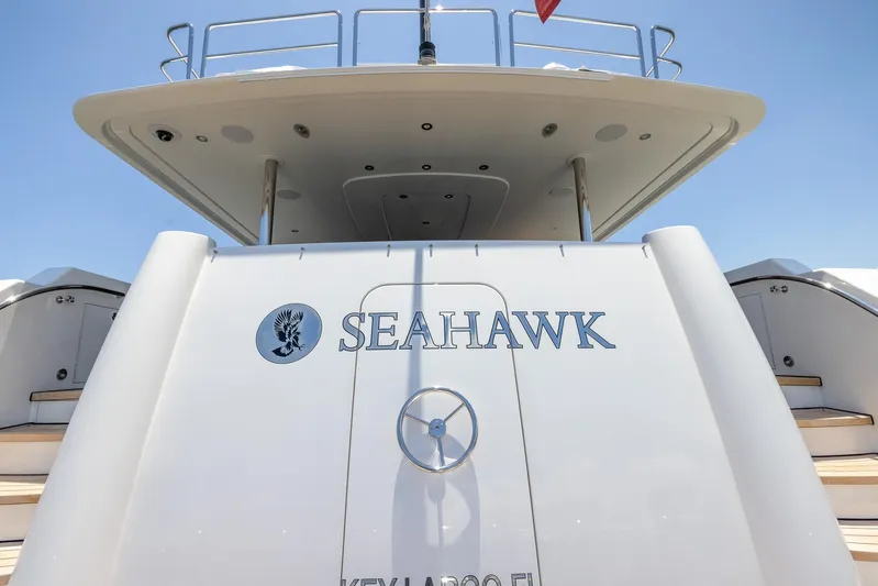 Seahawk Yacht Photos Pics Westport 2014 Motoryacht "Seahawk" stern view with logo and name.