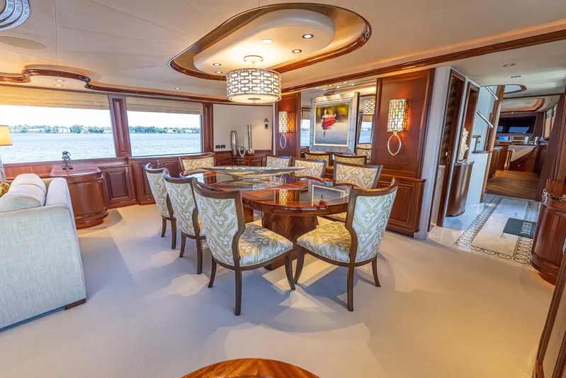 Seahawk Yacht Photos Pics Luxurious dining area on 2014 Westport Motoryacht with elegant furnishings and panoramic windows.
