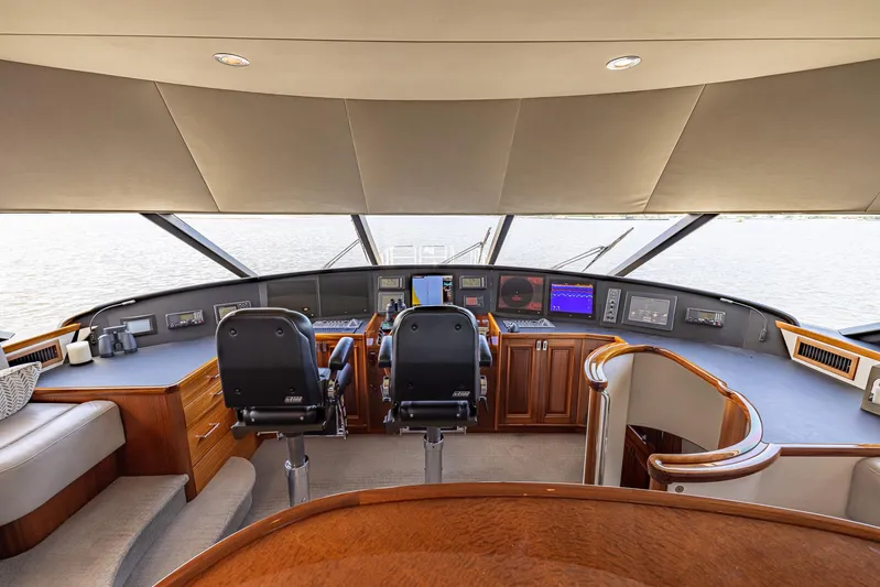 Seahawk Yacht Photos Pics Luxurious 2014 Westport Motoryacht helm with modern navigation equipment and plush seating.