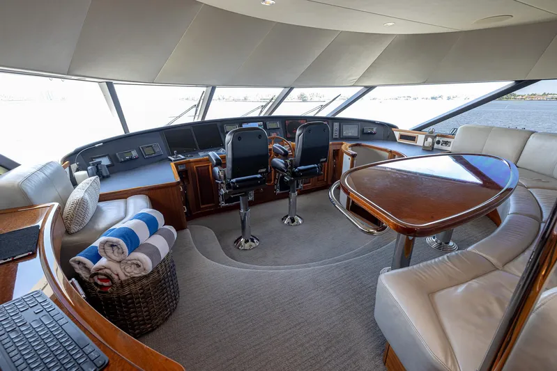 Seahawk Yacht Photos Pics Luxurious 2014 Westport Motoryacht interior with helm, plush seating, and panoramic windows.