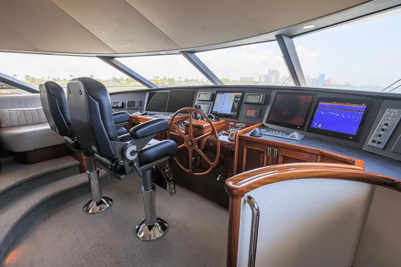 Seahawk Yacht Photos Pics Luxurious 2014 Westport Motoryacht helm with advanced navigation systems and plush seating.