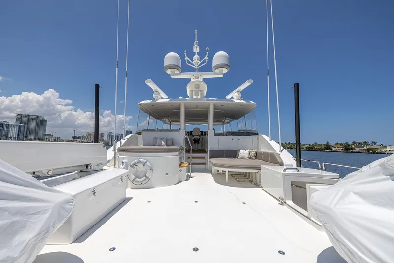 Seahawk Yacht Photos Pics Luxurious 2014 Westport Motoryacht deck with seating, under clear blue sky.
