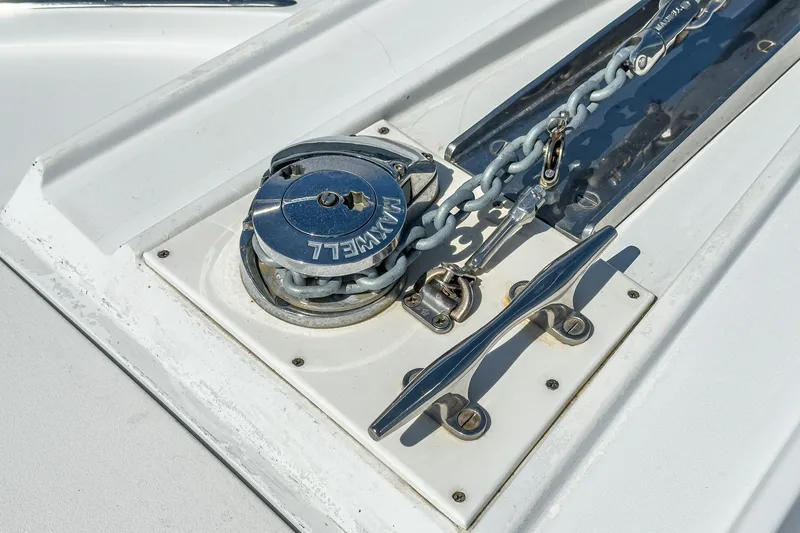 Whiplash II Yacht Photos Pics Anchor windlass on 2006 Hatteras 50 Convertible yacht deck.