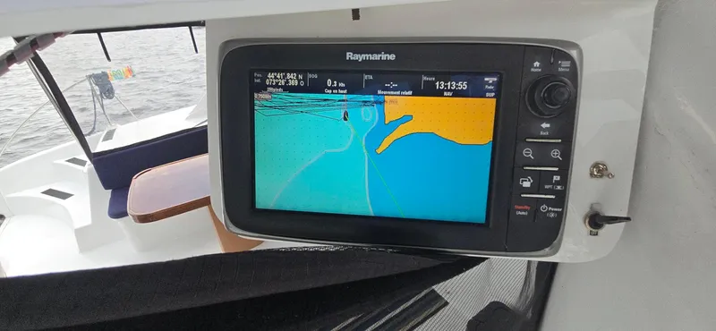 Bellagio Yacht Photos Pics Raymarine navigation system on 2013 Kelsall Suncat 40, displaying nautical chart.