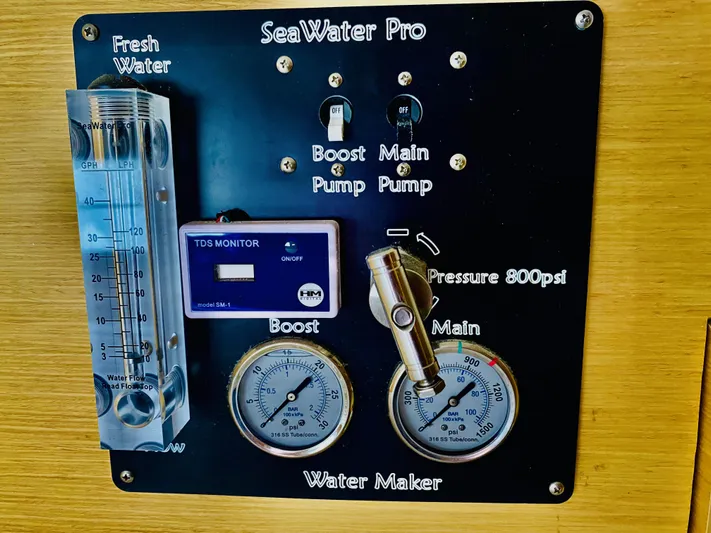 Finally Found Yacht Photos Pics SeaWater Pro water maker control panel on Lagoon 380 S2, 2014 model, with gauges and switches.