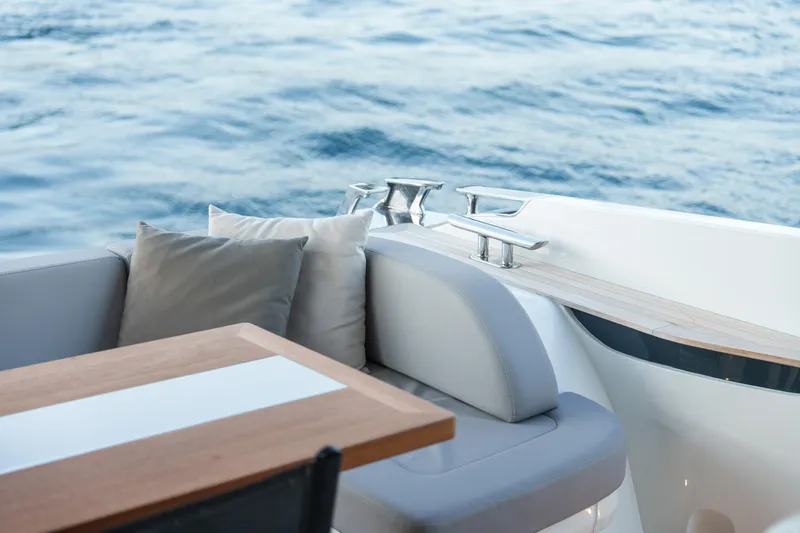 2023 Pearl 62 Luxury Yacht Yacht Photos Pics Luxurious seating area on 2023 Pearl 62 yacht with ocean view.