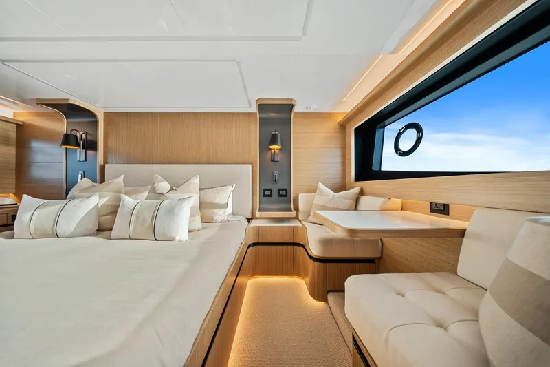 2023 Pearl 62 Luxury Yacht Yacht Photos Pics Luxurious interior of 2023 Pearl 62 yacht with modern design and elegant furnishings.