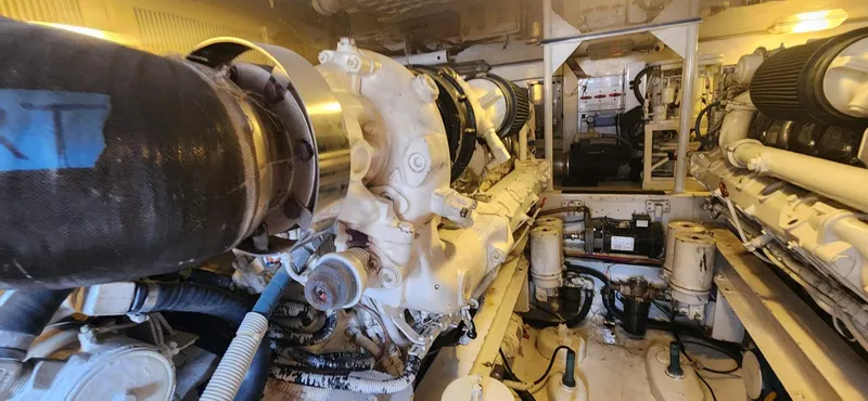  Yacht Photos Pics Engine room of a 2004 Viking 52 Convertible yacht with twin engines.