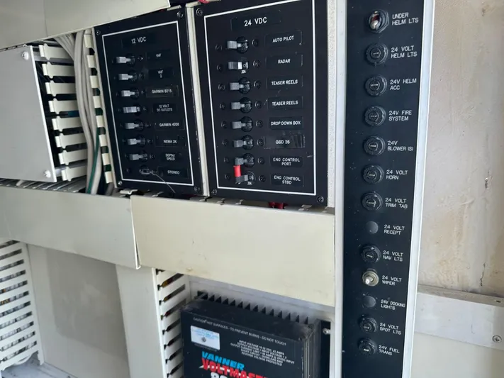  Yacht Photos Pics Electrical panel of a 2004 Viking 52 Convertible yacht.