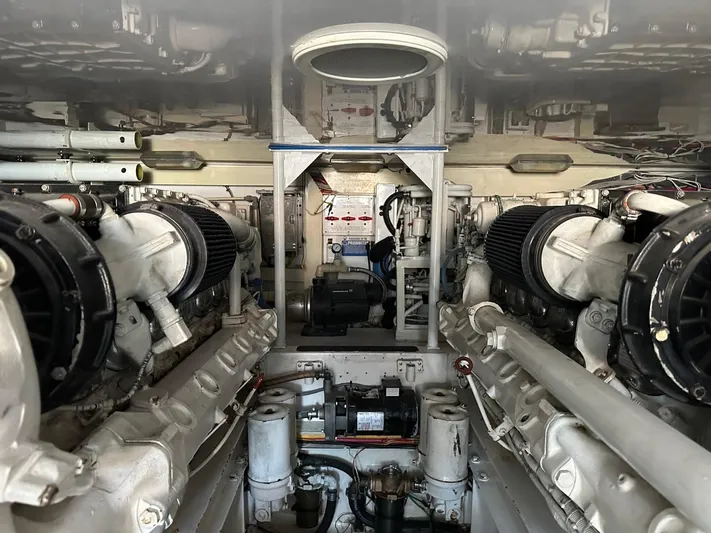  Yacht Photos Pics Engine room of a 2004 Viking 52 Convertible yacht with twin engines.
