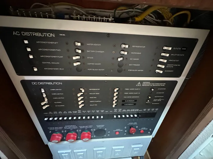  Yacht Photos Pics Electrical panel of a 2005 Tiara Yachts 3600 Sovran, showing AC and DC distribution.