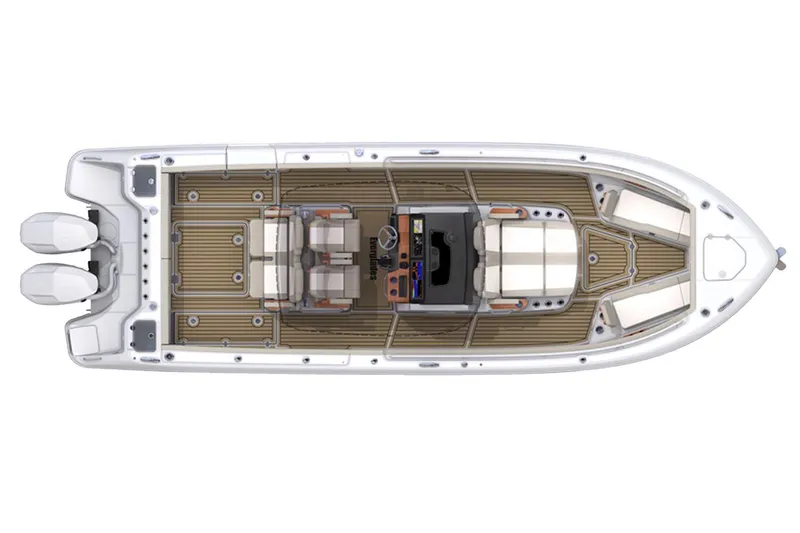  Yacht Photos Pics Manufacturer Provided Image: Top view of 2025 Everglades 315 Center Console boat with triple engines.
