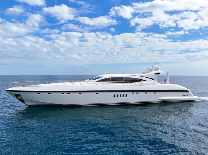  Yacht Photos Pics Luxury 2002 Mangusta 108 yacht cruising on open sea under a partly cloudy sky.