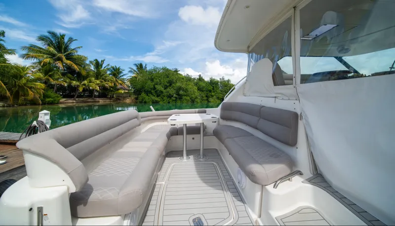 T 2 Yacht Photos Pics 2006 Tiara Yachts 4300 Sovran with spacious seating, docked near tropical scenery.