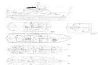 Blueprint of a 1982 Custom Husumer Shipyard vessel, showcasing detailed deck layouts and side view.