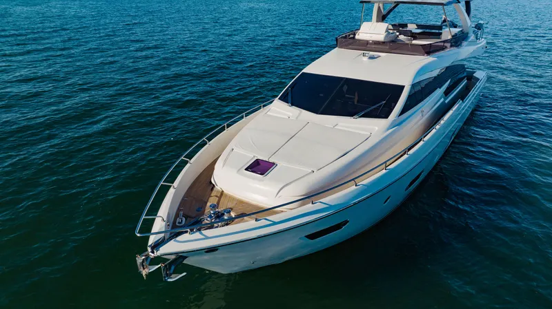 Sami Kay III Yacht Photos Pics 2017 Ferretti Yachts 750 cruising on open water, showcasing sleek design and luxury features.