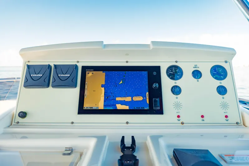 Sami Kay III Yacht Photos Pics Control panel of a 2017 Ferretti Yachts 750 with navigation display.