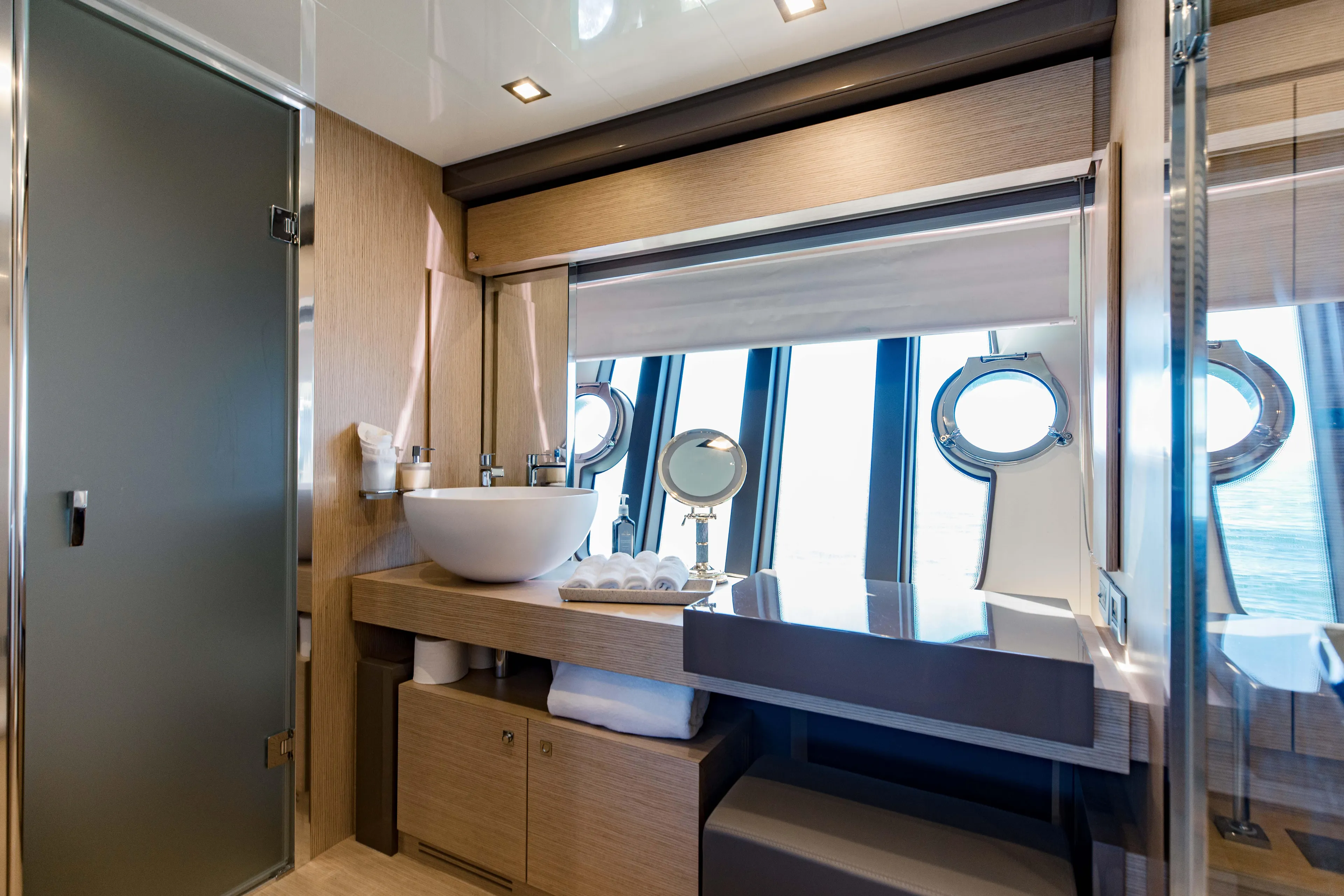 Sami Kay III Yacht Photos Pics Luxurious bathroom interior on 2017 Ferretti Yachts 750, featuring modern fixtures and ocean view.