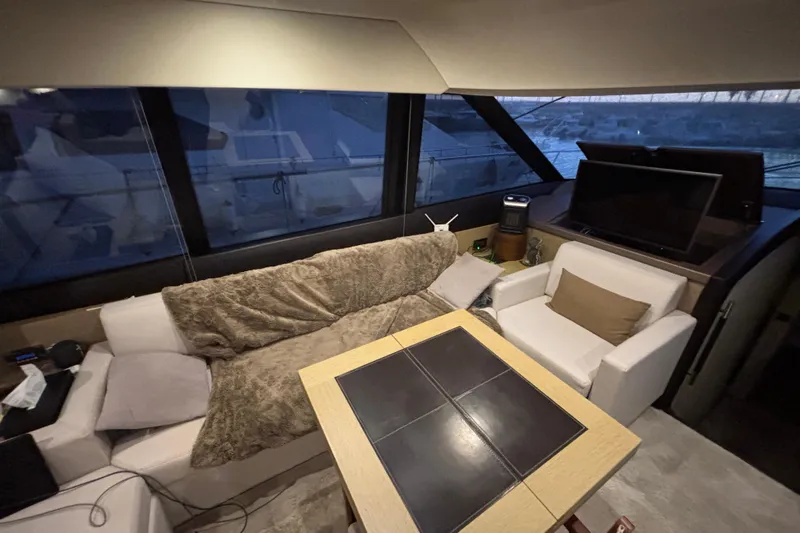  Yacht Photos Pics Luxurious interior of a 2018 Prestige 560 yacht with cozy seating and modern decor.