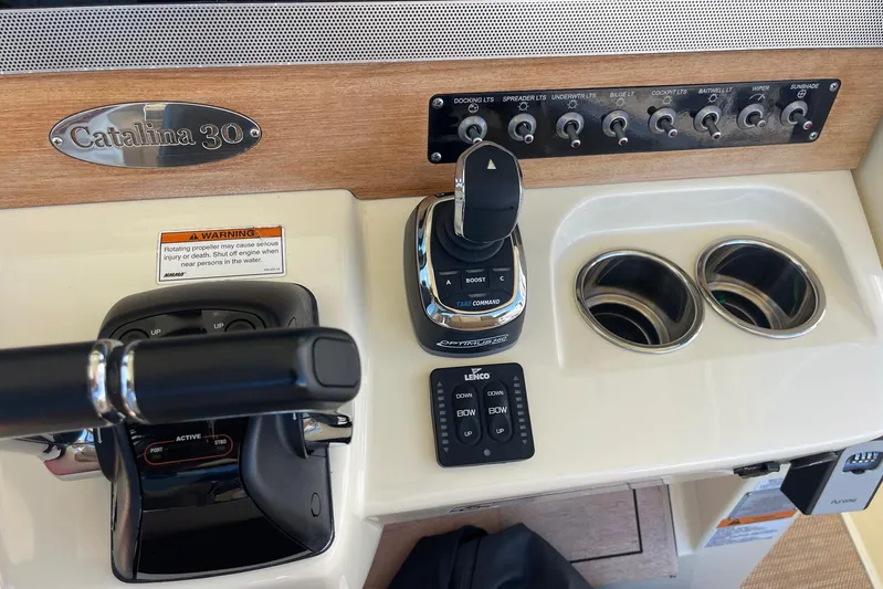  Yacht Photos Pics Control panel of 2020 Chris-Craft Catalina 30 boat with switches and throttle.