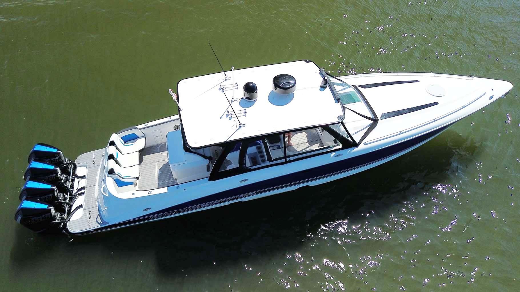 2020 Concept 44' Cuddy Cabin boat on water, aerial view.