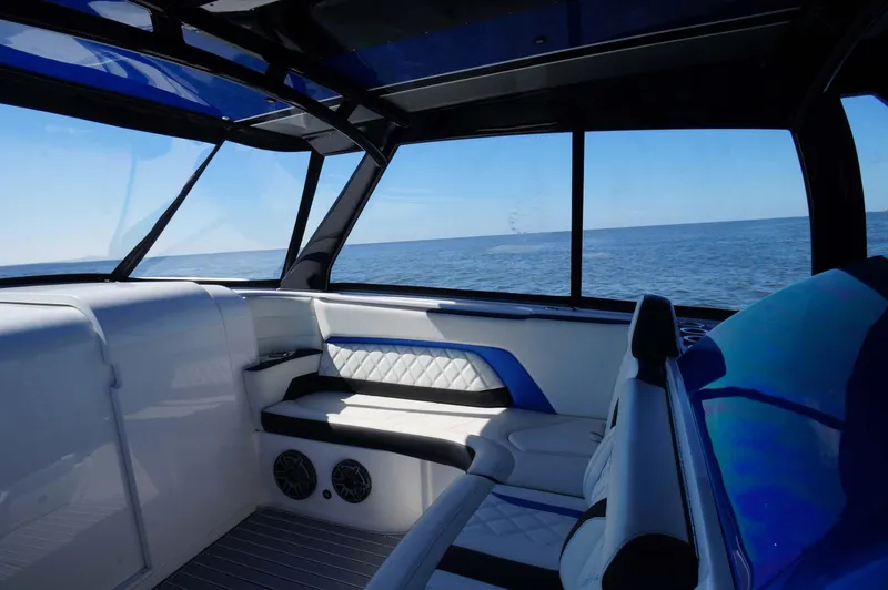 Blueprint Yacht Photos Pics Interior of 2020 Concept 44' Cuddy Cabin boat with ocean view.