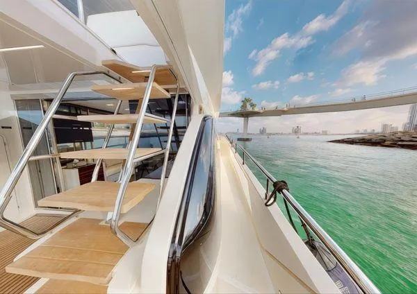  Yacht Photos Pics Ferretti Yachts 670, 2019 model, luxury yacht deck with ocean view and modern staircase.
