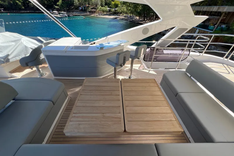 Enough Yacht Photos Pics Luxurious Sunseeker 76 Yacht 2023 deck with seating and ocean view.
