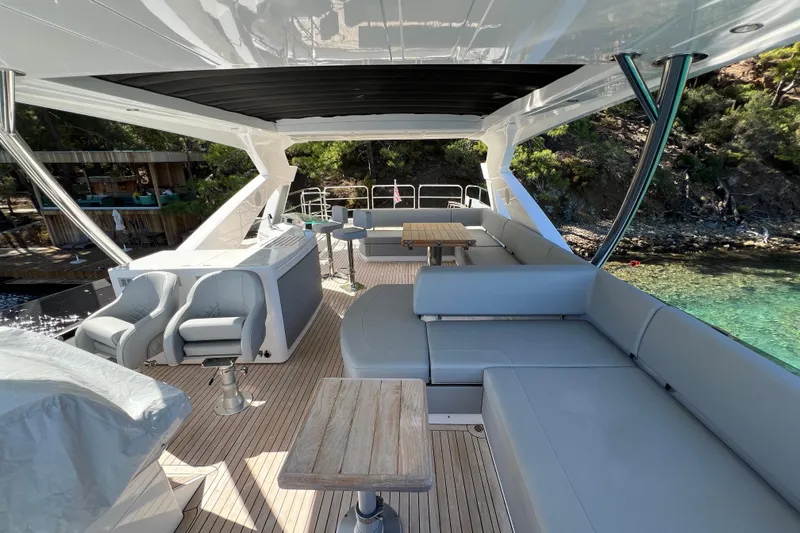 Enough Yacht Photos Pics Luxurious 2023 Sunseeker 76 Yacht deck with modern seating and scenic ocean view.