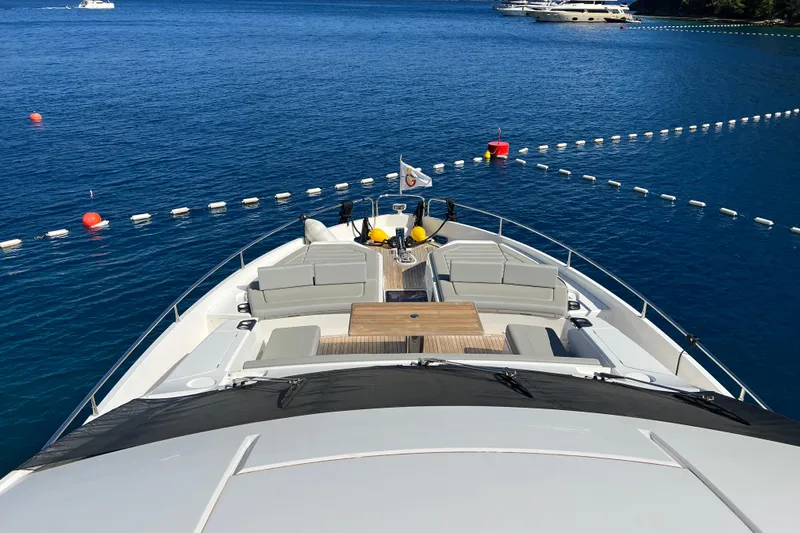 Enough Yacht Photos Pics 2023 Sunseeker 76 Yacht on serene blue waters, featuring luxurious deck seating.