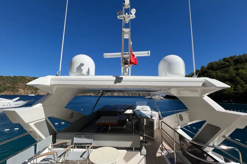 Enough Yacht Photos Pics Luxurious 2023 Sunseeker 76 Yacht with spacious deck, anchored in scenic bay.