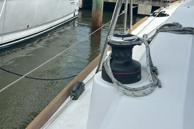 Hummingbird Yacht Photos Pics 2017 Beneteau Oceanis 38.1 sailboat deck with winch and rope detail.