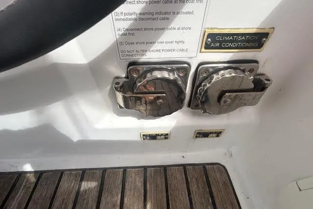 Hummingbird Yacht Photos Pics Shore power connectors on 2017 Beneteau Oceanis 38.1 yacht deck.