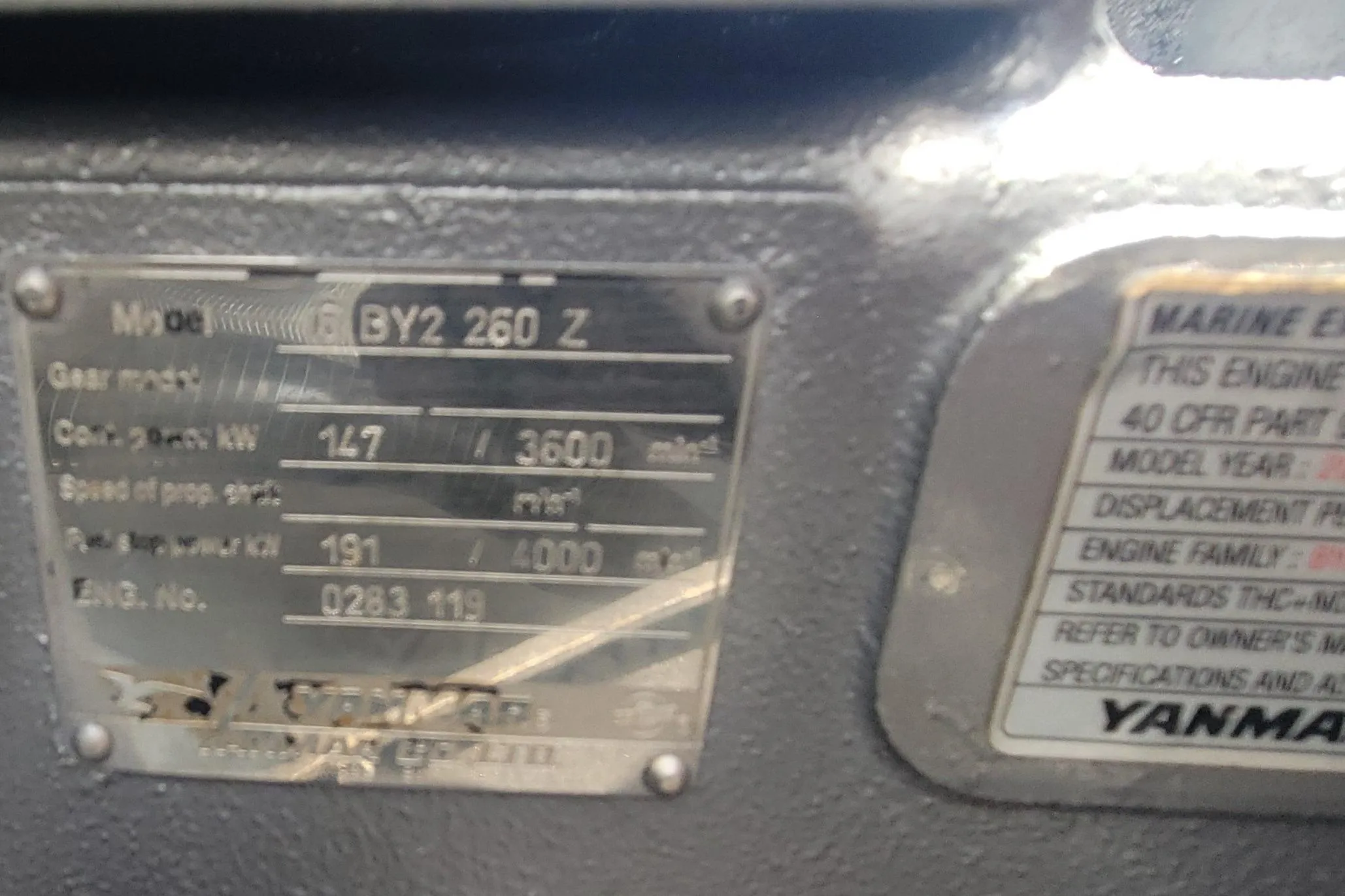 1997 Skipjack 262 Flybridge engine plate with specifications and Yanmar branding.