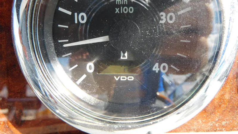  Yacht Photos Pics Close-up of a VDO tachometer on a 2003 Formula 40 PC boat dashboard.