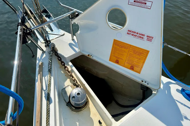  Yacht Photos Pics Beneteau Oceanis 40 sailboat anchor locker with chain and windlass, 2010 model.