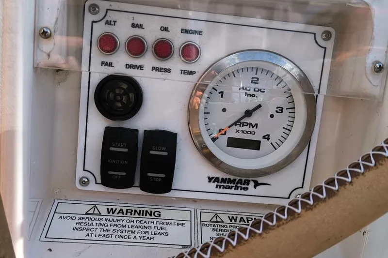  Yacht Photos Pics Control panel of a 2011 Beneteau Oceanis 40 sailboat with Yanmar marine RPM gauge.